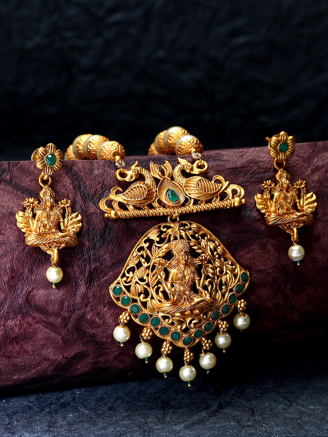 

ANIKAS CREATION Gold-Plated & Green Stone-Studded Gold-Plated Maa Laxmi Temple Jewellery Set