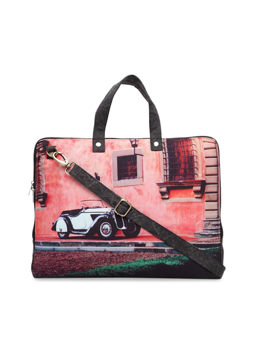 The House of Tara Unisex Peach-Coloured & Black Printed Laptop Bag
