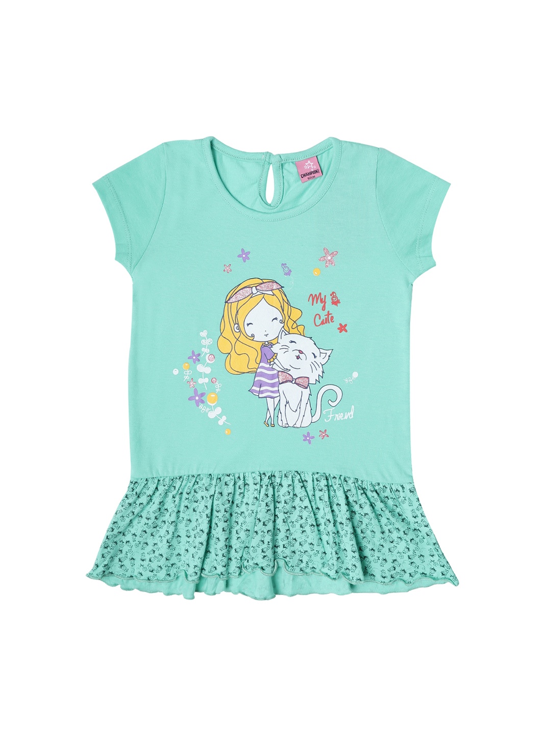 

Dollar Champion Kidswear Girls Green Printed Pure Cotton Top