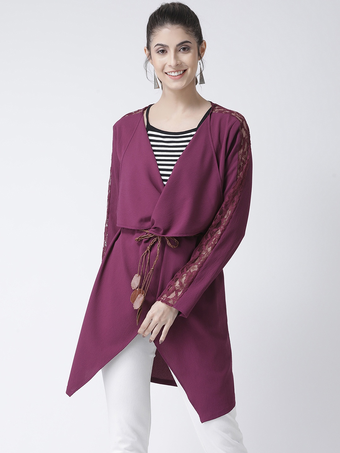 KASSUALLY Women Purple Solid Tie-Up Longline Shrug