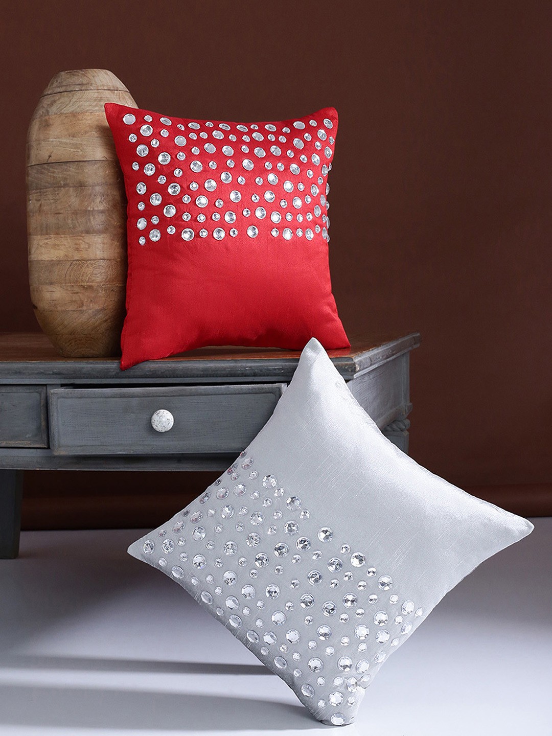 

Alina decor Grey & Red Set of 2 Embellished Square Cushion Covers