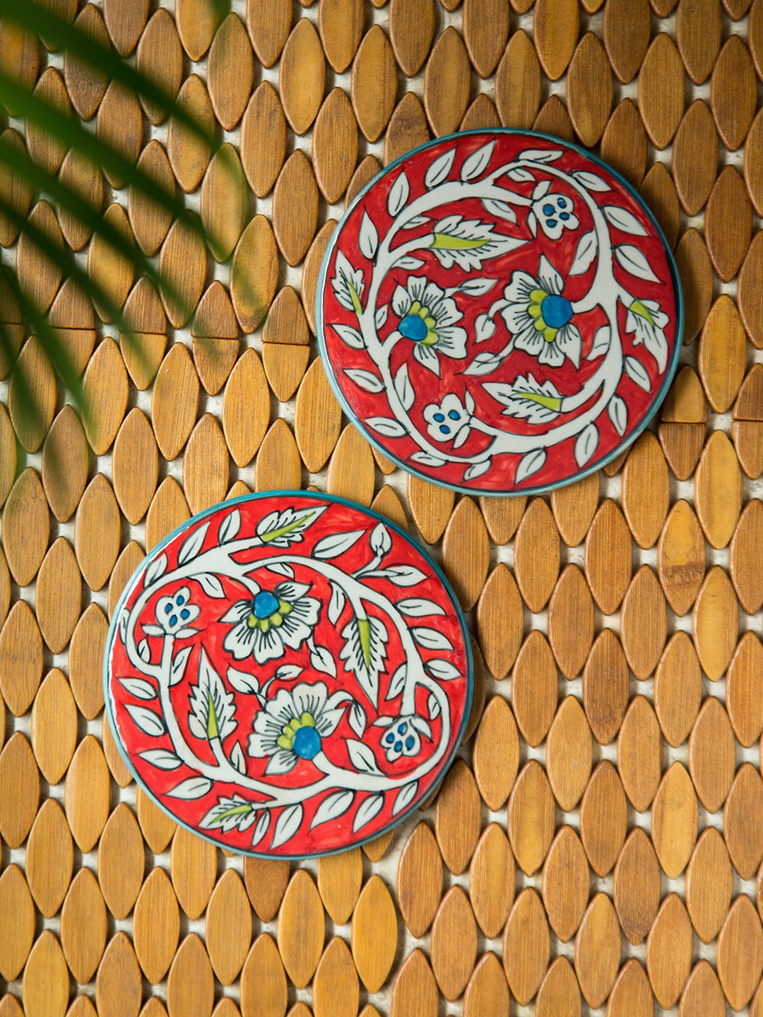 ExclusiveLane Set of 2 Red Mughal Rounds Floral Hand-Painted Ceramic Trivets