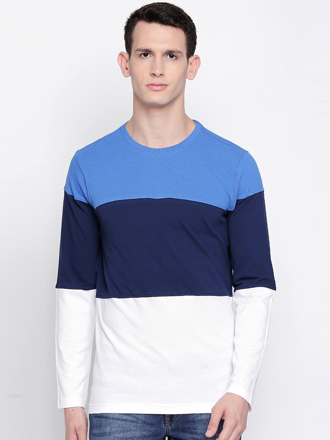 

Basics Men Blue Colourblocked Round Neck Pure Cotton T-shirt