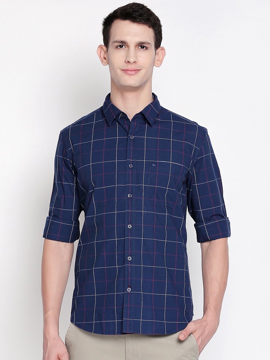 

Basics Men Navy Blue Slim Fit Checked Casual Shirt