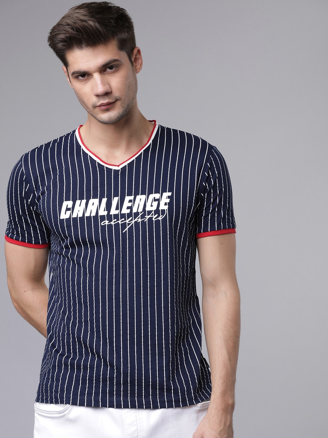 

LOCOMOTIVE Men Navy Blue Striped V-Neck T-shirt