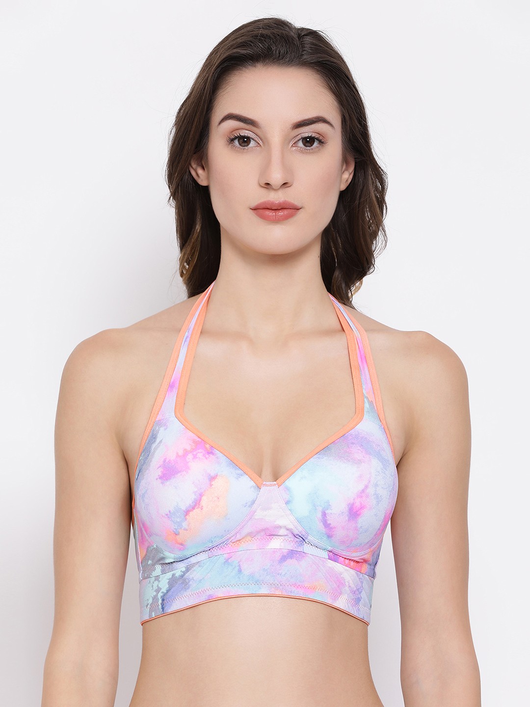 

Clovia Blue & Pink Printed Non-Wired Lightly Padded Bralette Bra BR1883P03