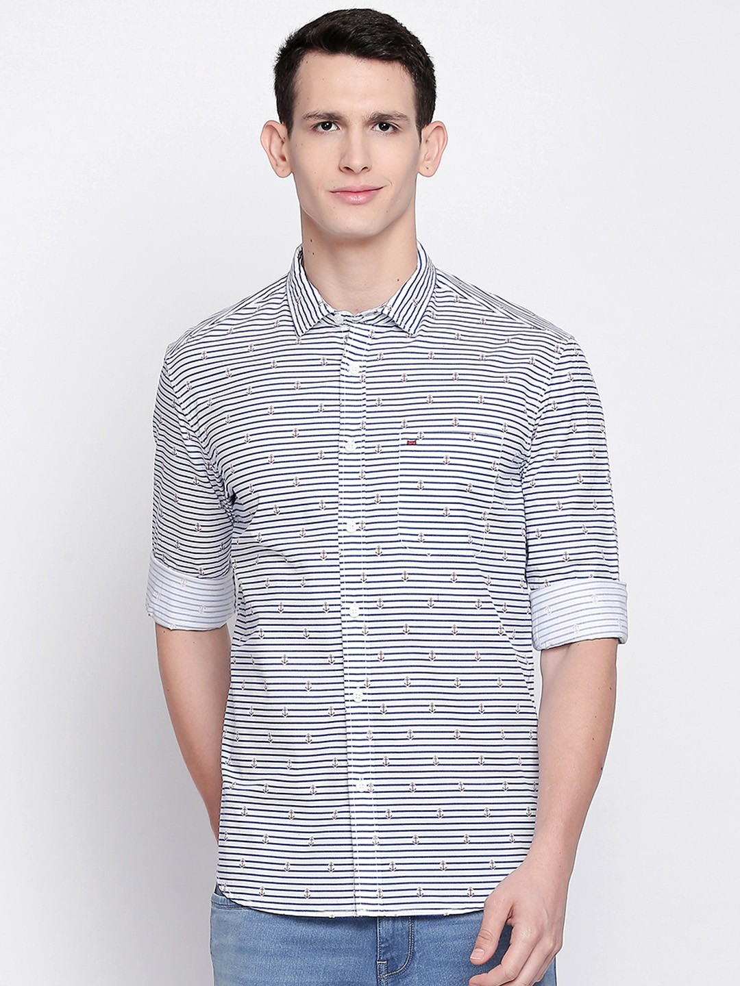 

Basics Men Navy Blue & White Slim Fit Printed Casual Shirt