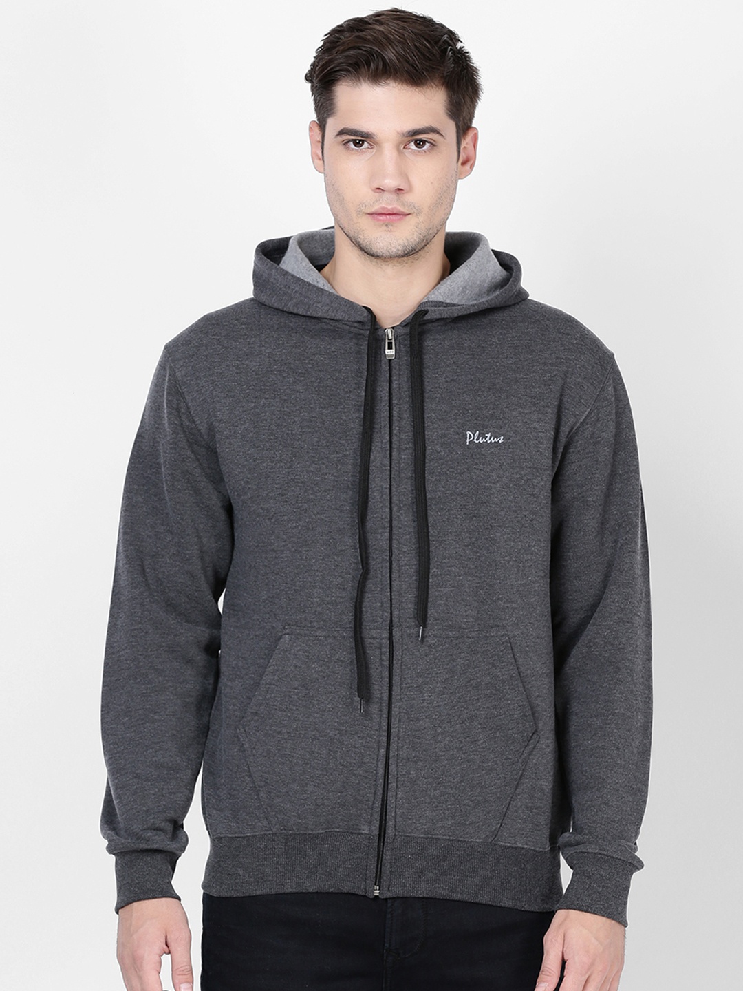Plutus Men Charcoal Solid Hooded Sweatshirt