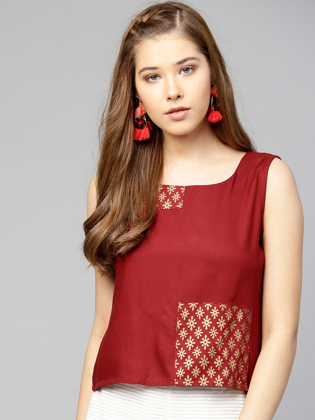

Varanga Women Rust Red Block Printed Top