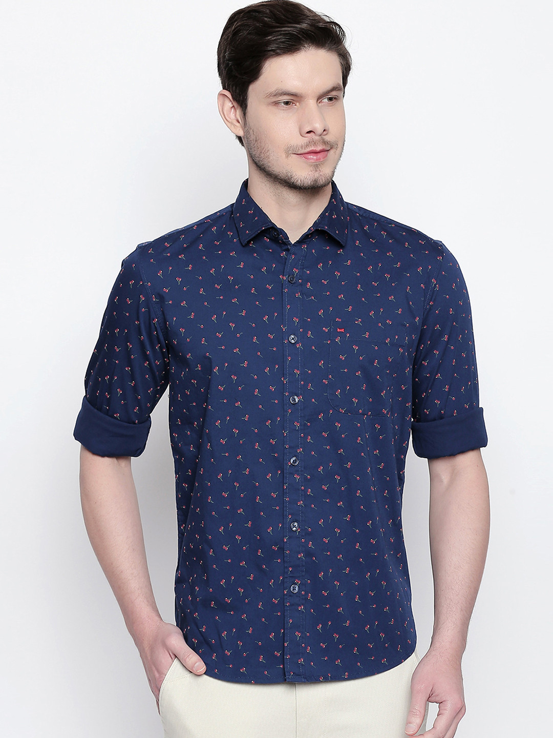 

Basics Men Navy Blue & Red Slim Fit Printed Casual Shirt