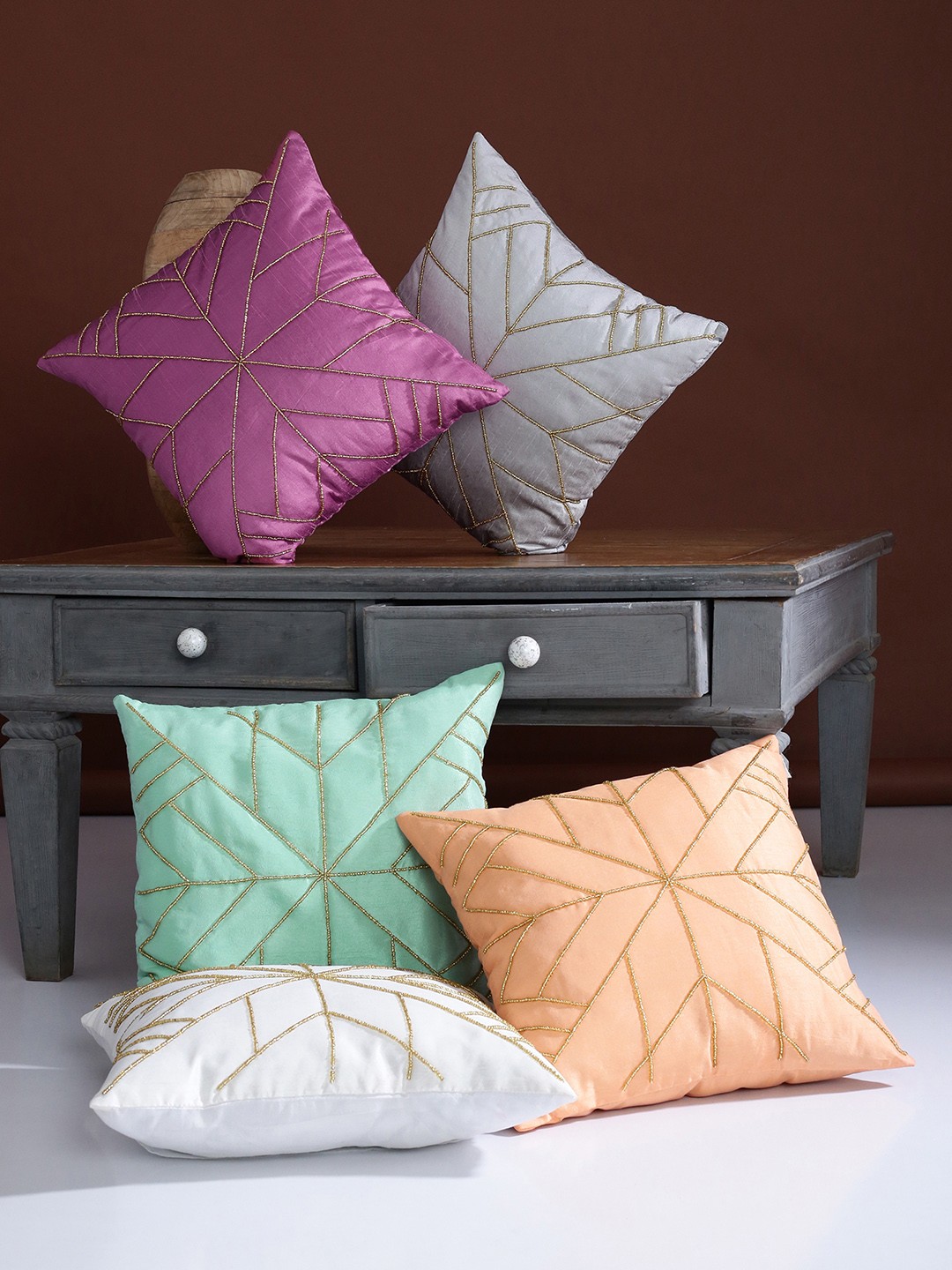 Alina decor Multicoloured Set of 5 Embellished Square Cushion Covers, Multi