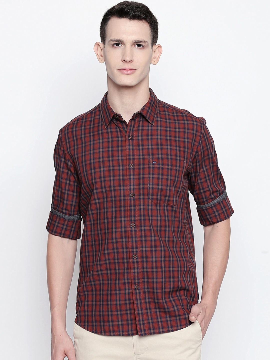 

Basics Men Brown & Navy Blue Slim Fit Checked Casual Shirt