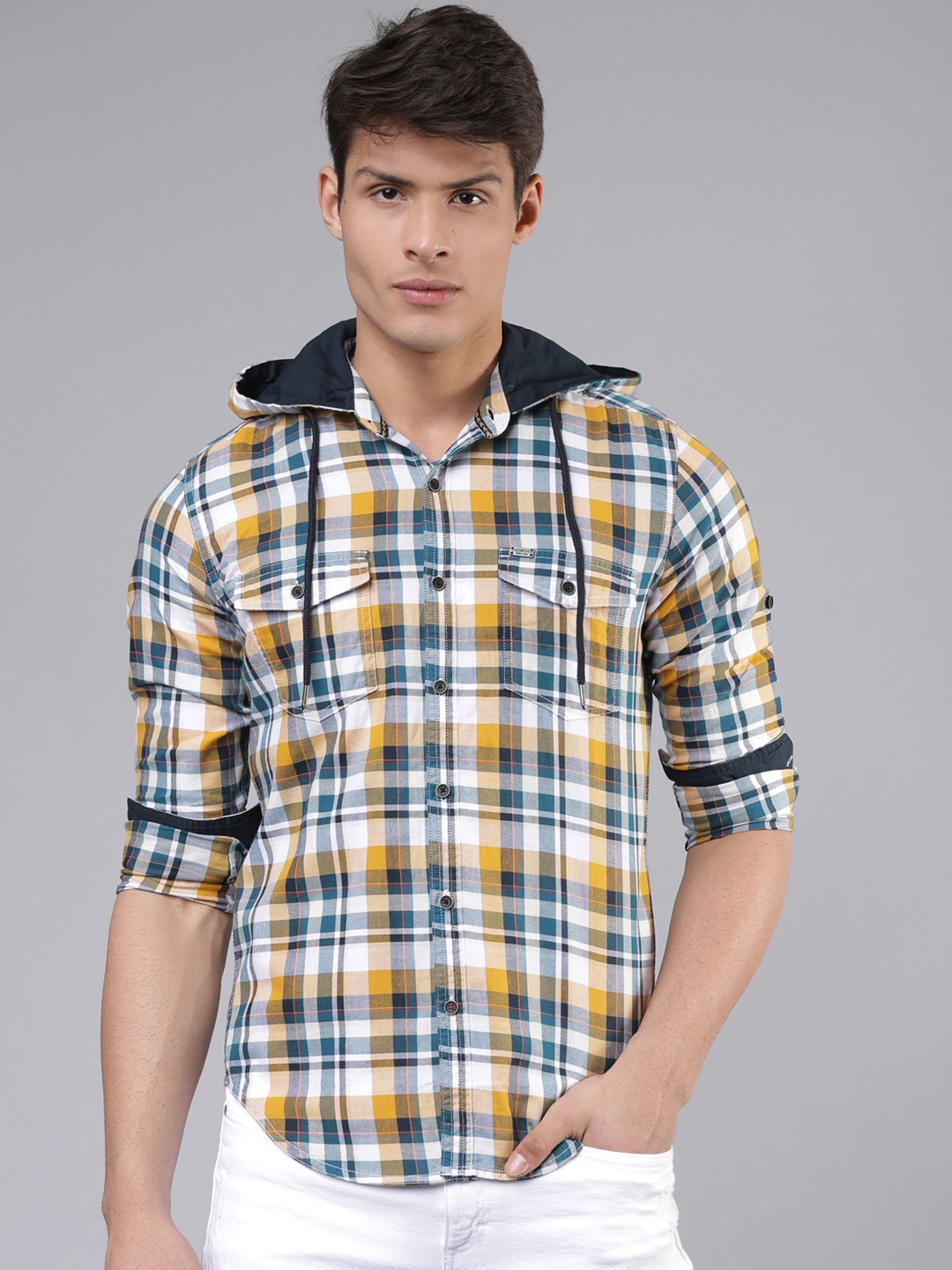 

LOCOMOTIVE Men White & Green Slim Fit Checked Casual Shacket