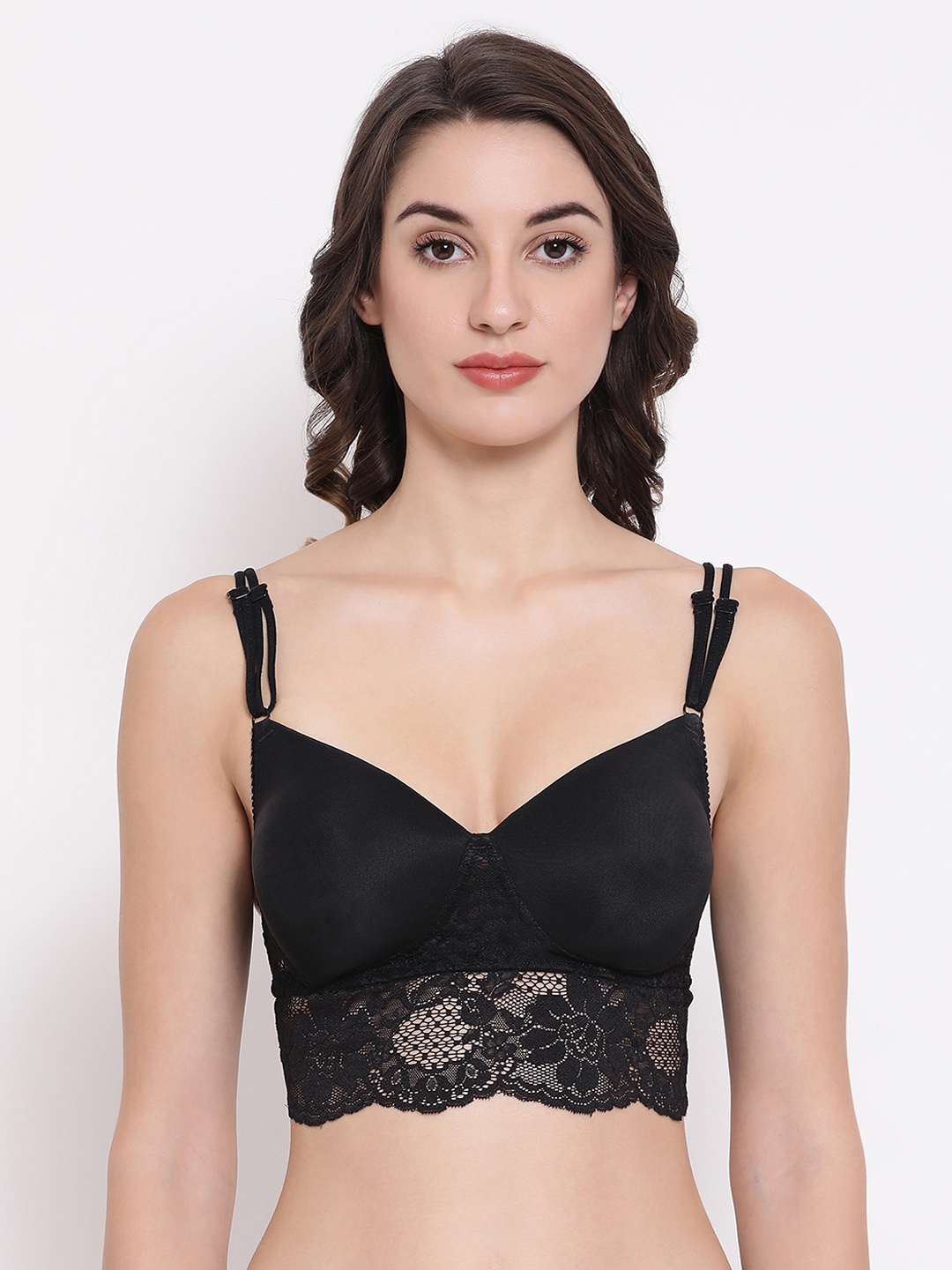 

Clovia Black Self Design Non-Wired Lightly Padded Lace Bralette Bra BR1901P13
