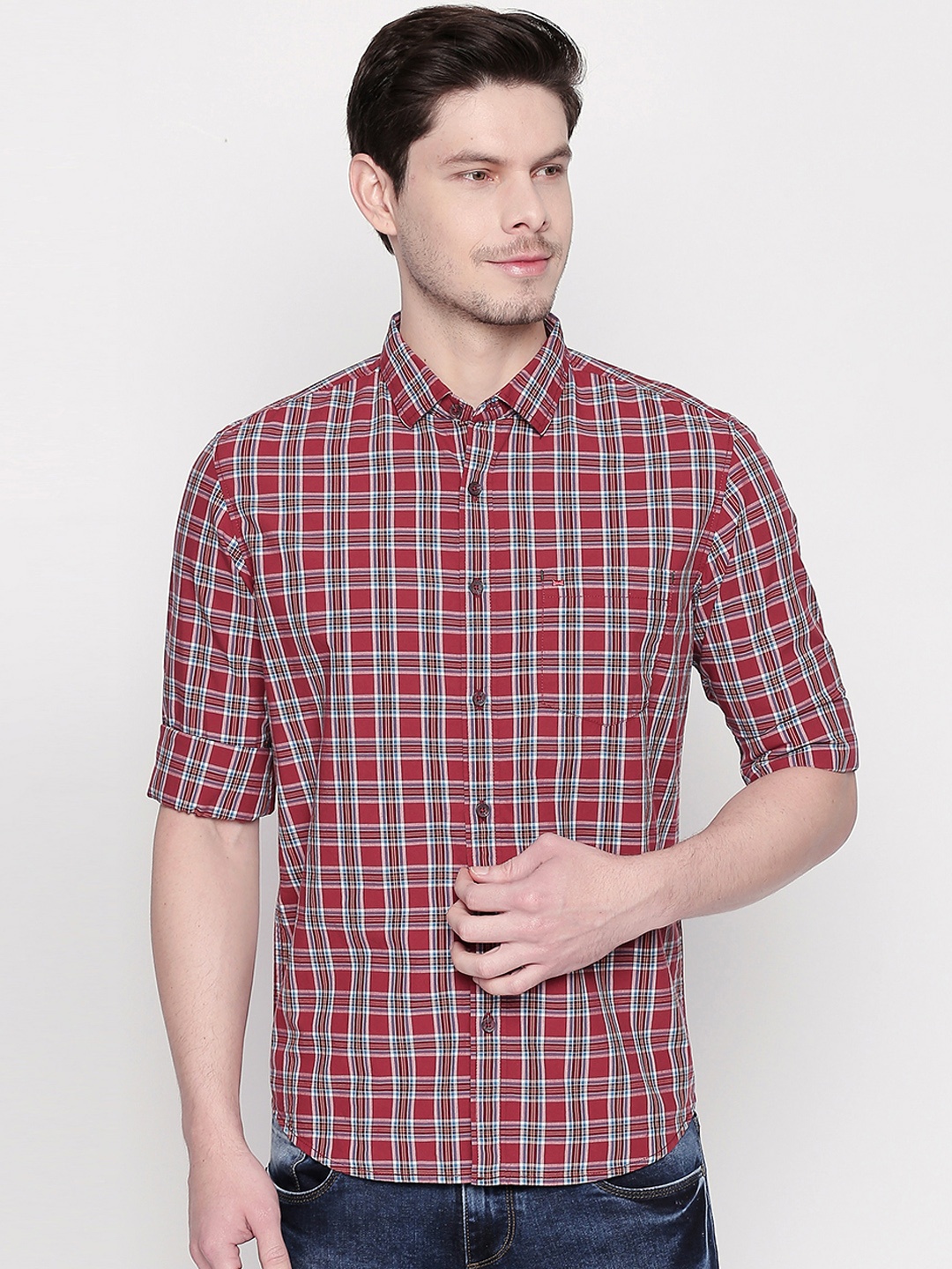 

Basics Men Maroon & White Slim Fit Checked Casual Shirt