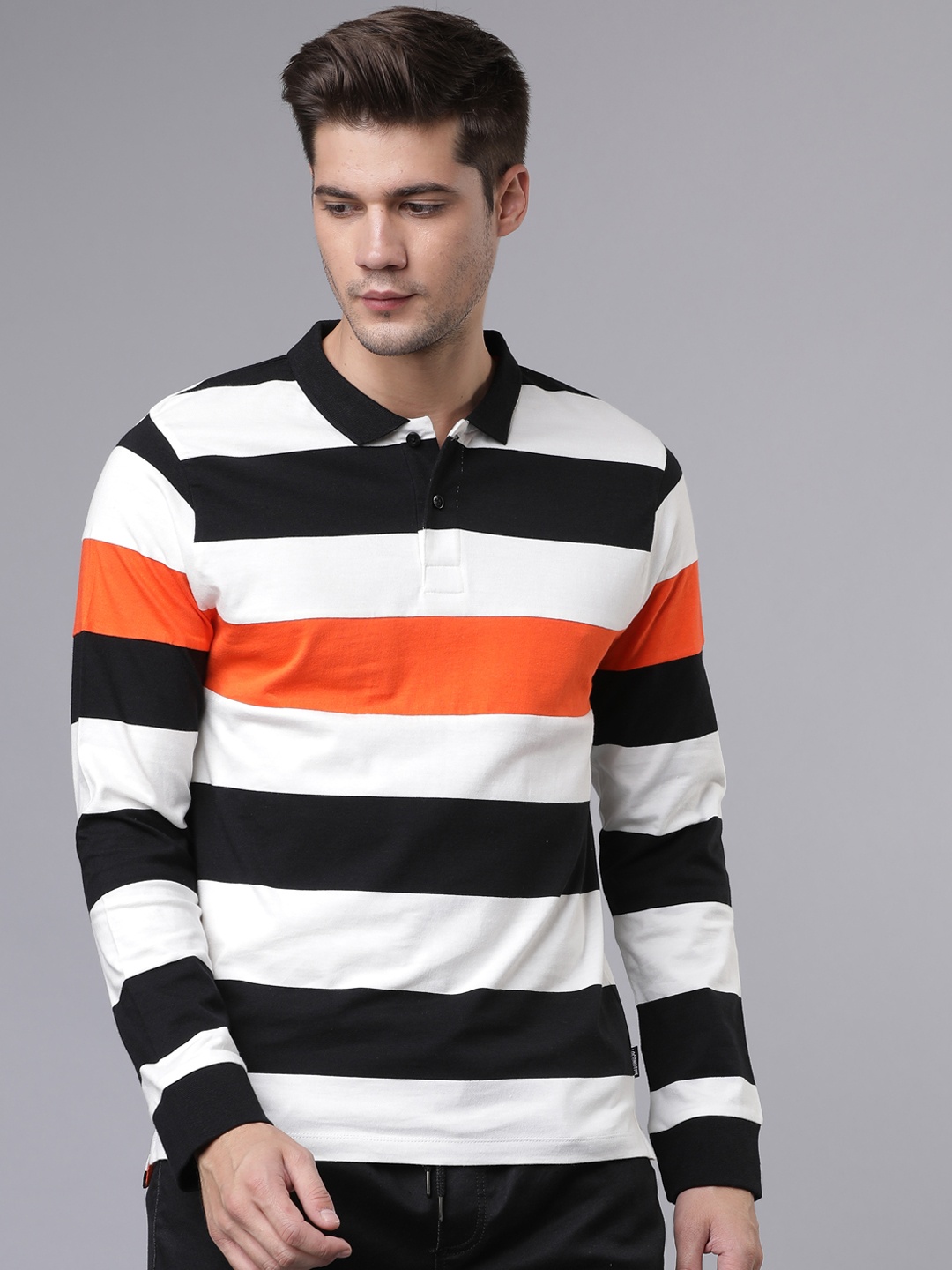 

LOCOMOTIVE Men Black Striped Polo Collar T-shirt