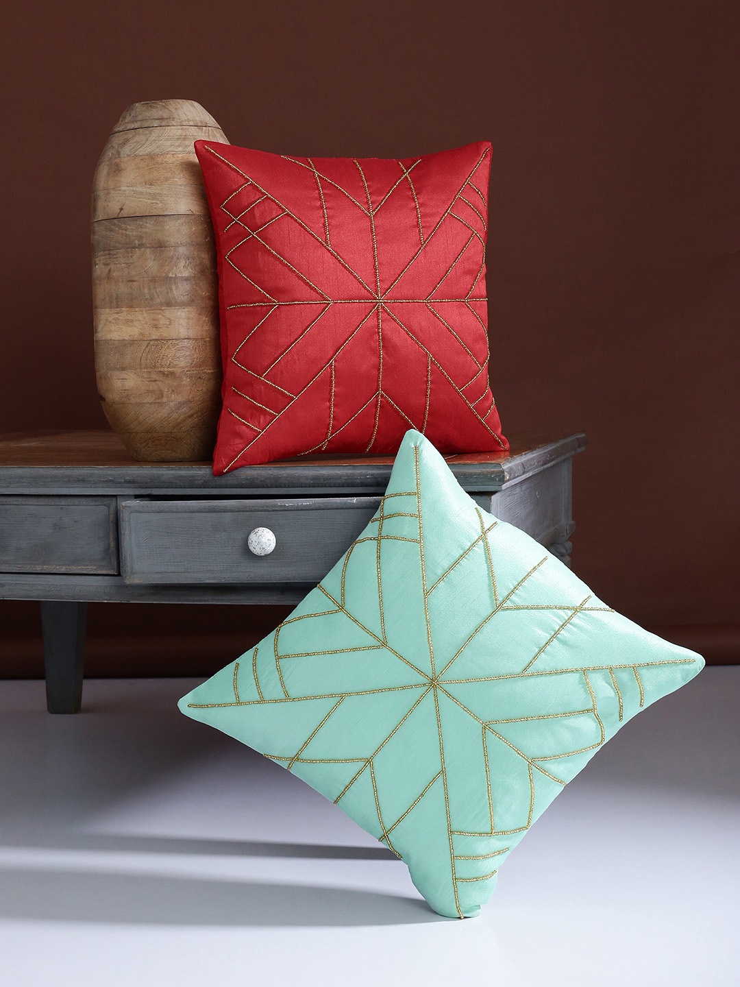 

Alina decor Sea Green & Red Set of 2 Embellished Square Cushion Covers