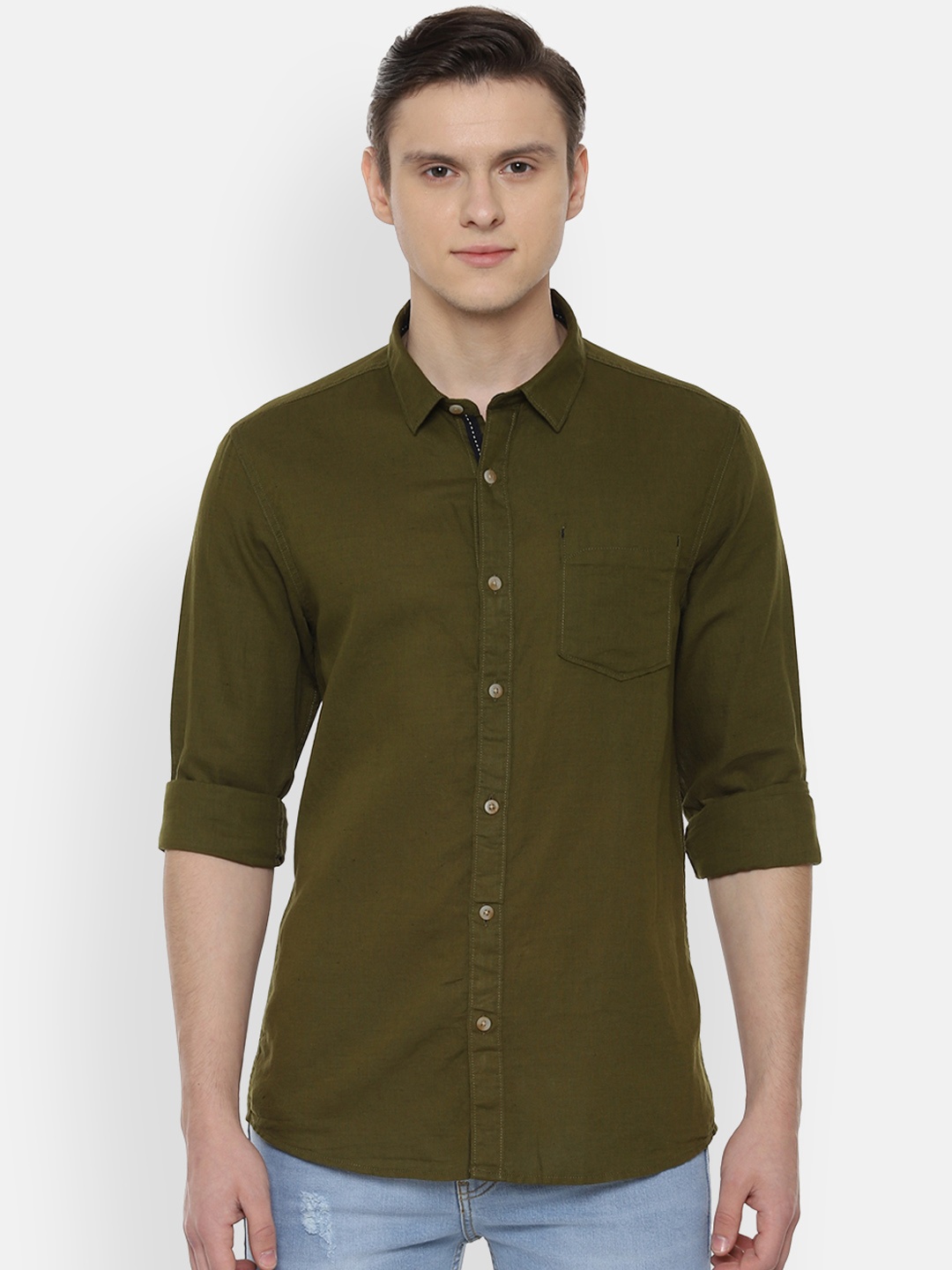 

People Men Olive Green Regular Fit Solid Casual Shirt