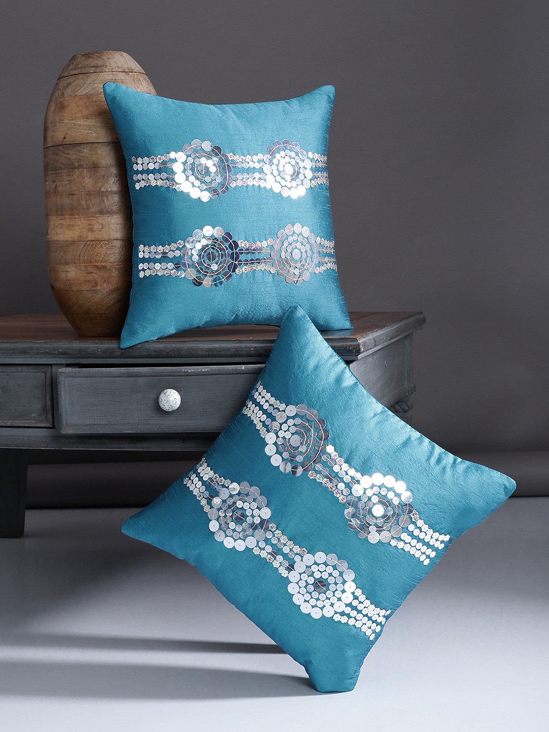 

Alina decor Teal Blue Set of 2 Embellished Square Cushion Covers