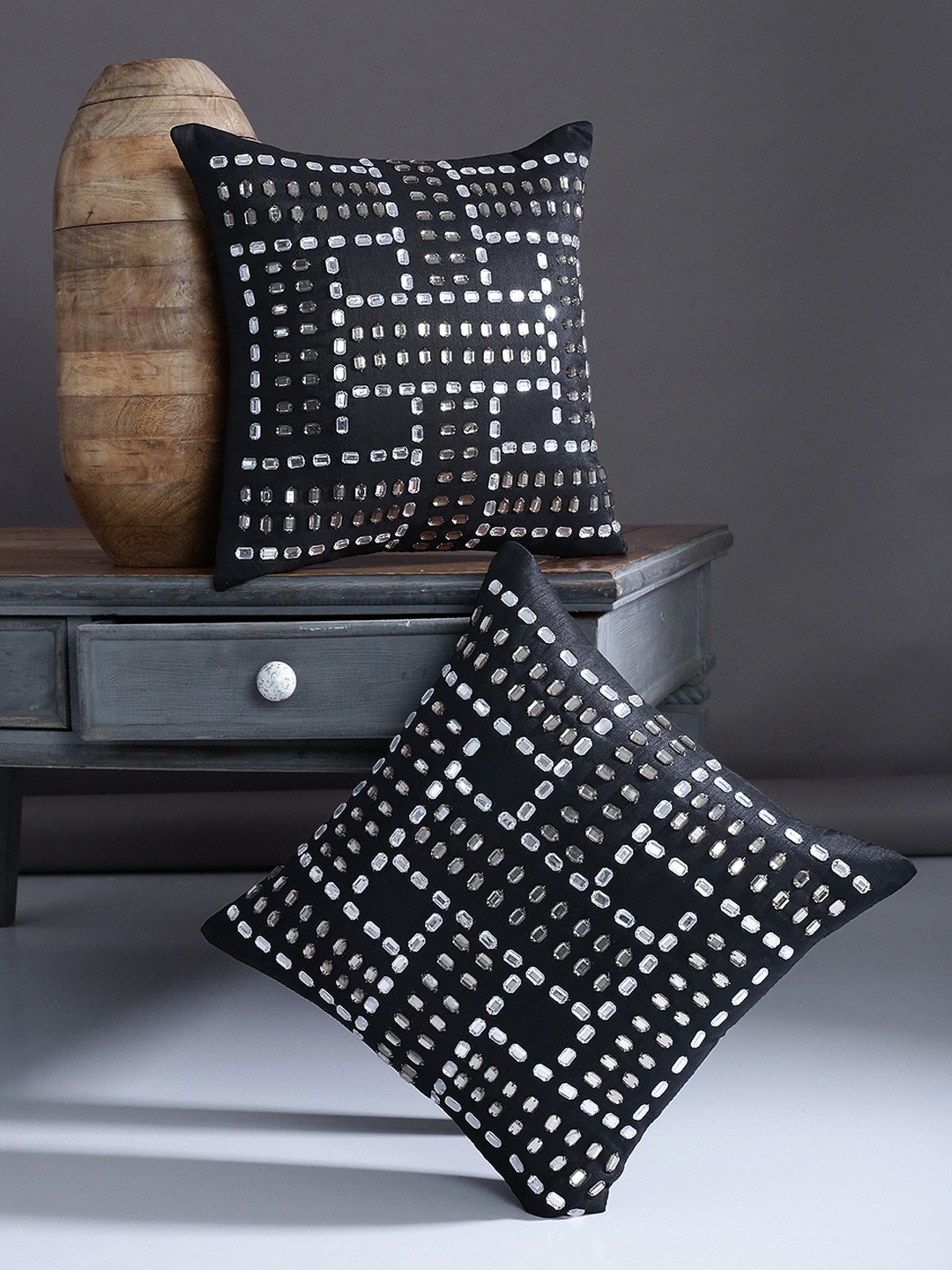 

Alina decor Black Set of 2 Embellished Square Cushion Covers