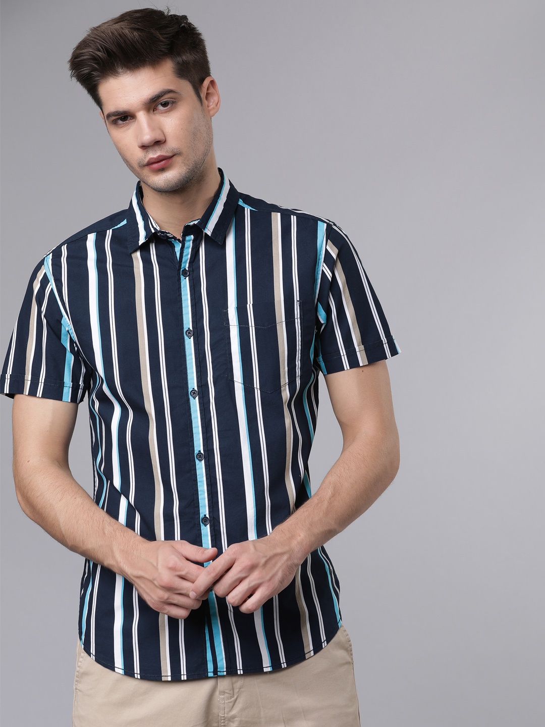 

LOCOMOTIVE Men Navy Blue & White Slim Fit Striped Casual Shirt