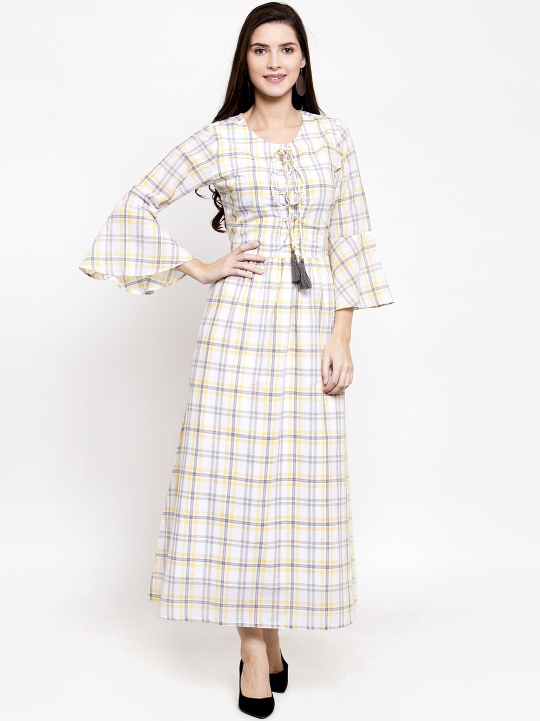 

Purple State Women White & Yellow Checked Maxi Dress