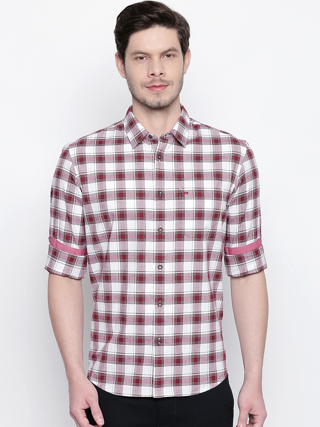 

Basics Men Maroon & White Checked Slim Fit Casual Shirt