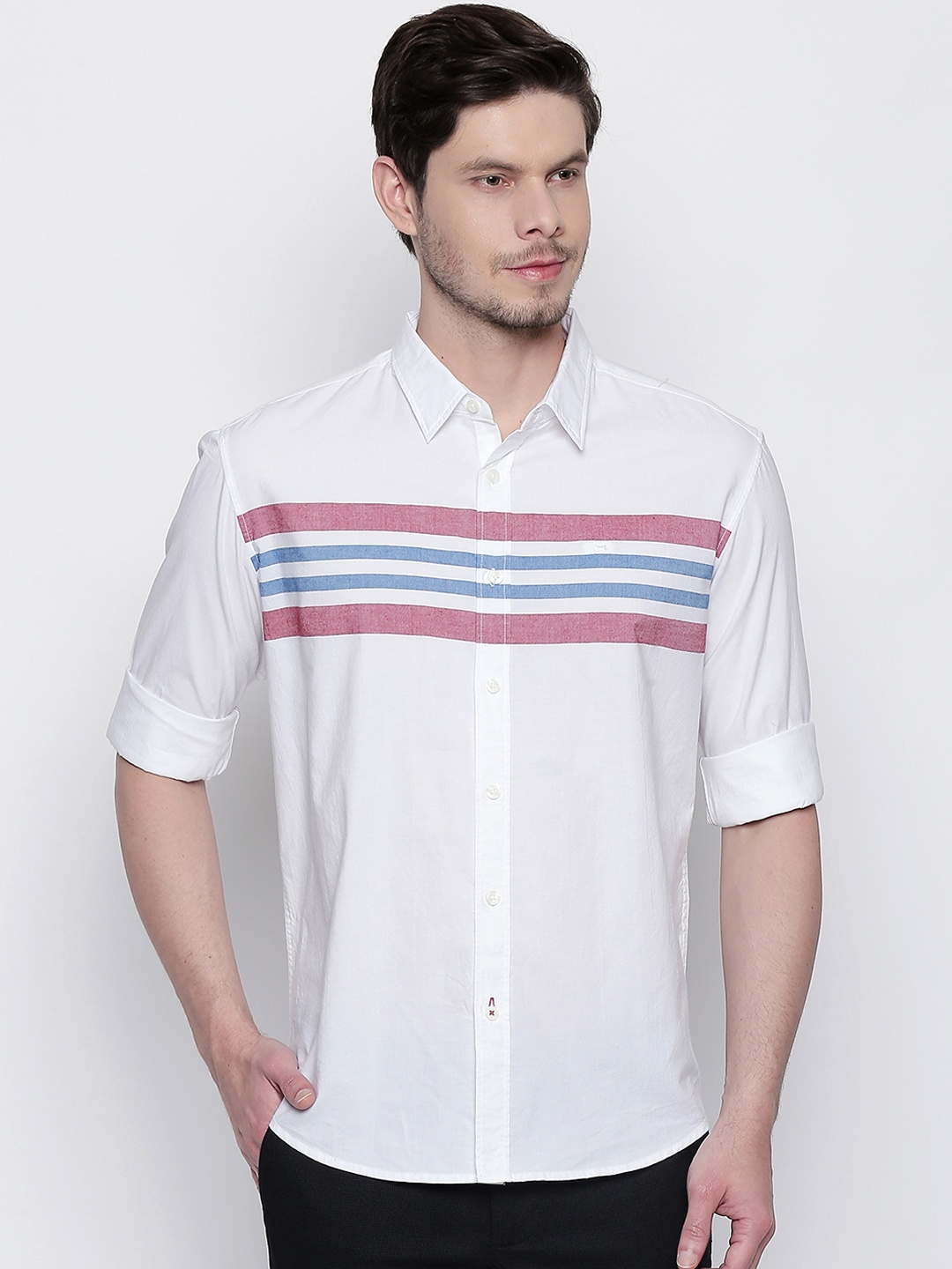 

Basics Men White & Red Slim Fit Striped Casual Shirt
