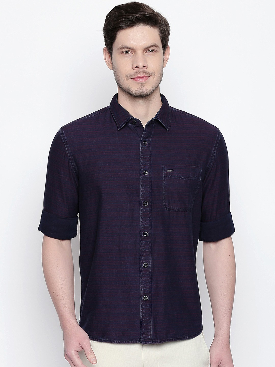 

Basics Men Blue & Maroon Slim Fit Striped Casual Shirt