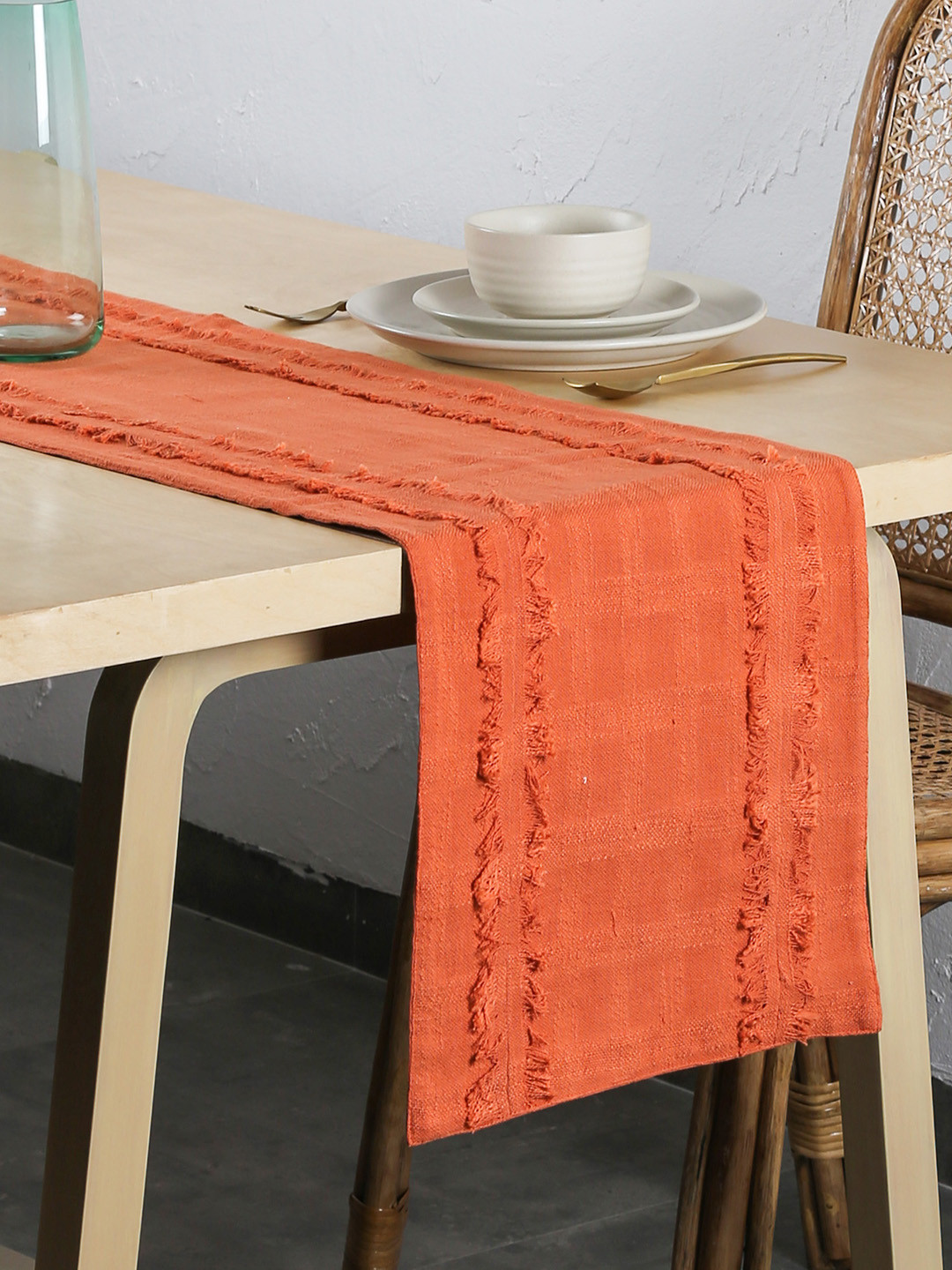 

House This Barkheda Peach-Coloured Checked & Fringed Pure Cotton Table Runner