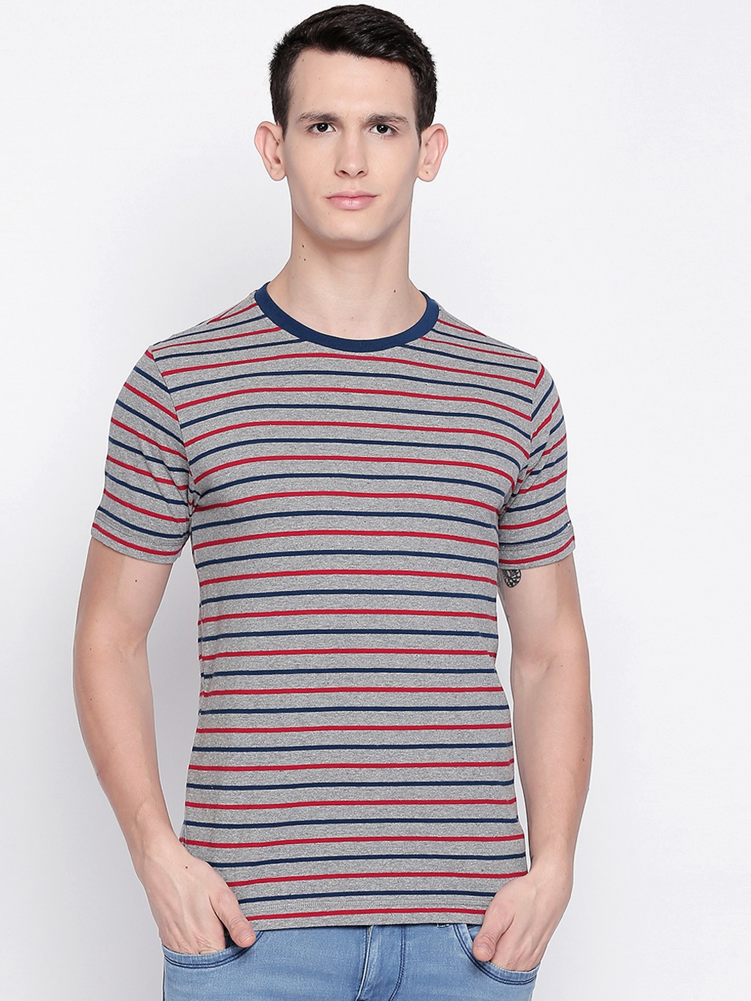 

Basics Men Grey Striped Round Neck T-shirt