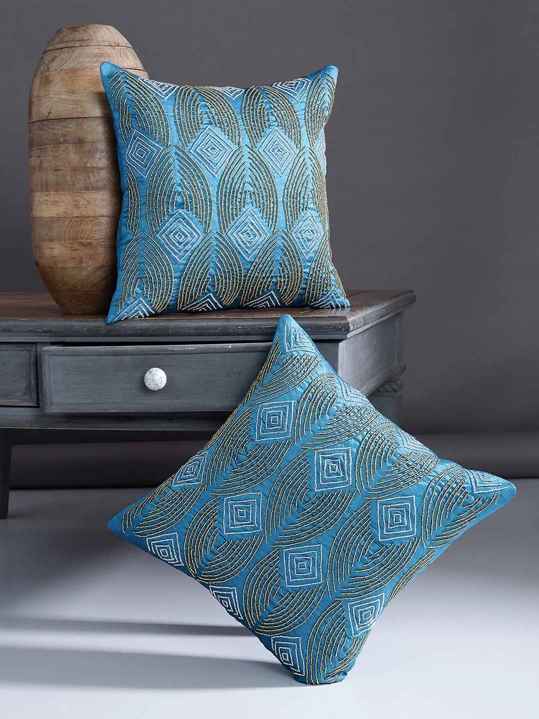 

Alina decor Teal Blue Set of 2 Embroidered Square Cushion Covers
