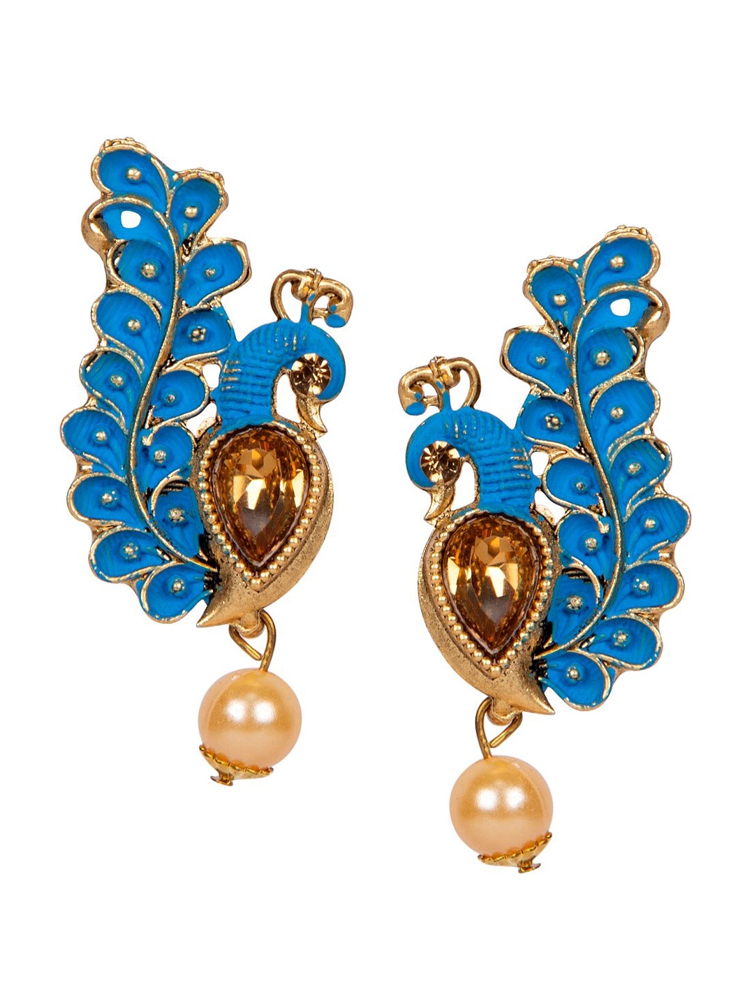

ANIKAS CREATION Gold Plated Enamelled Peacock Shaped Drop Earrings, Blue