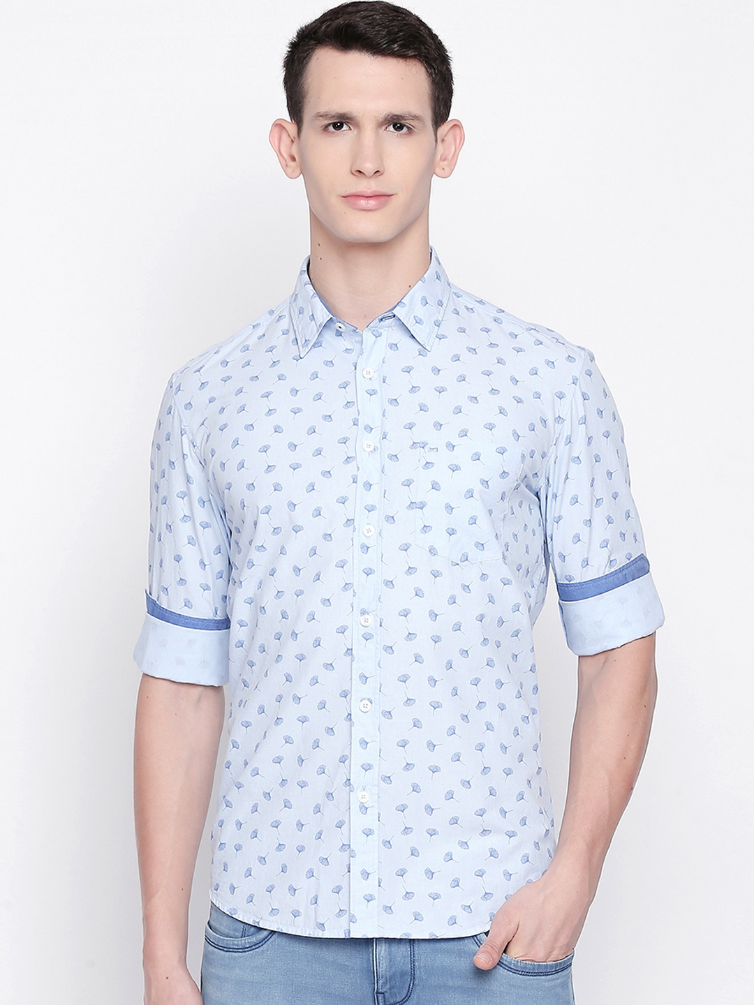 

Basics Men Blue Printed Slim Fit Casual Shirt