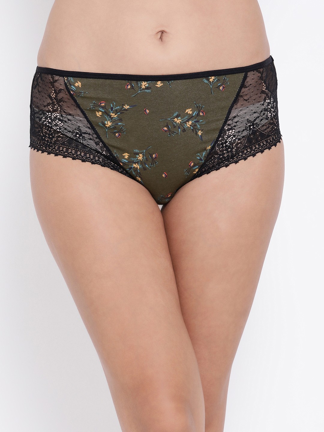 

Clovia Women Olive Green & Black Printed Mid-Rise Lace Hipster Briefs PN2755P17S