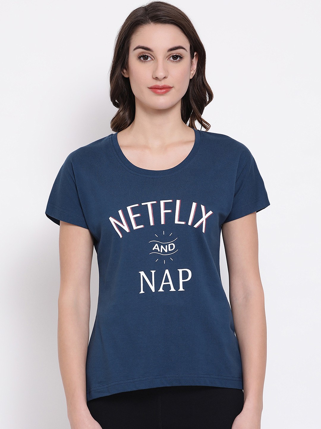 

Clovia Women Navy Blue & White Printed Lounge T-shirt