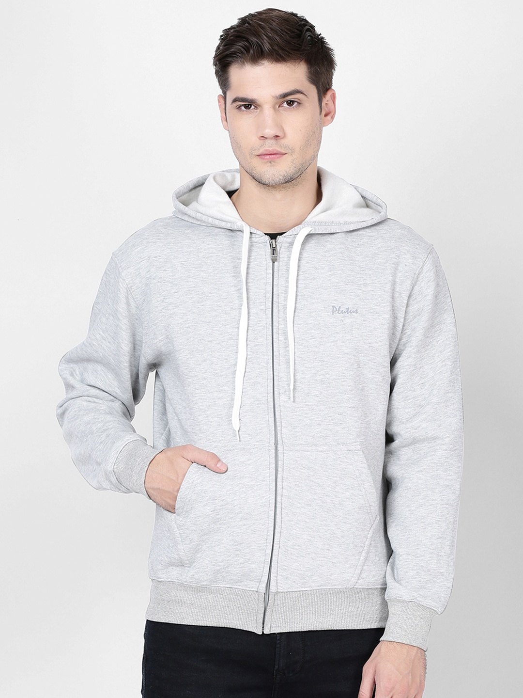 

Plutus Men Grey Melange Solid Hooded Sweatshirt
