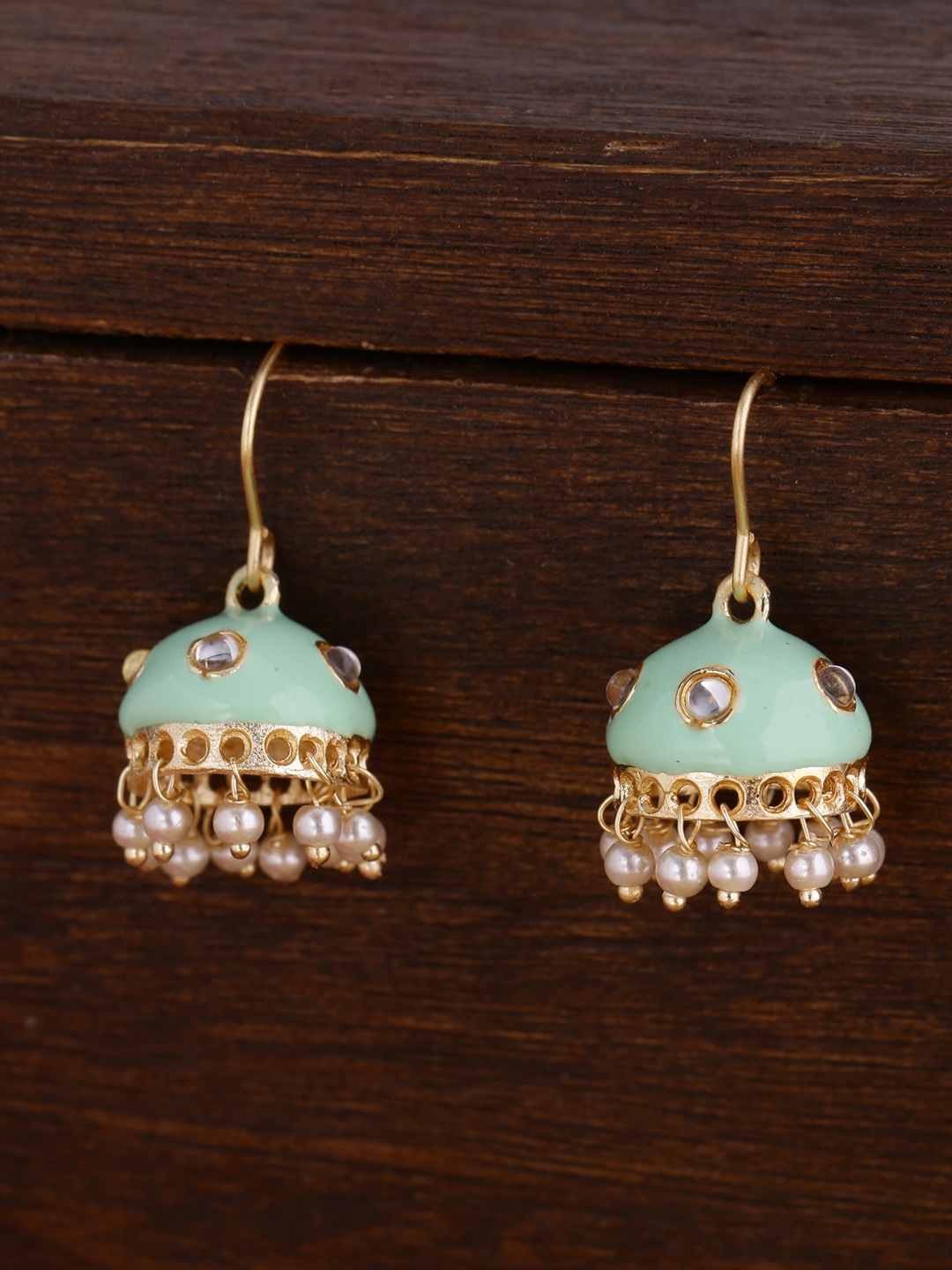 

Shoshaa Sea Green & Gold-Plated Enamelled Dome Shaped Jhumkas