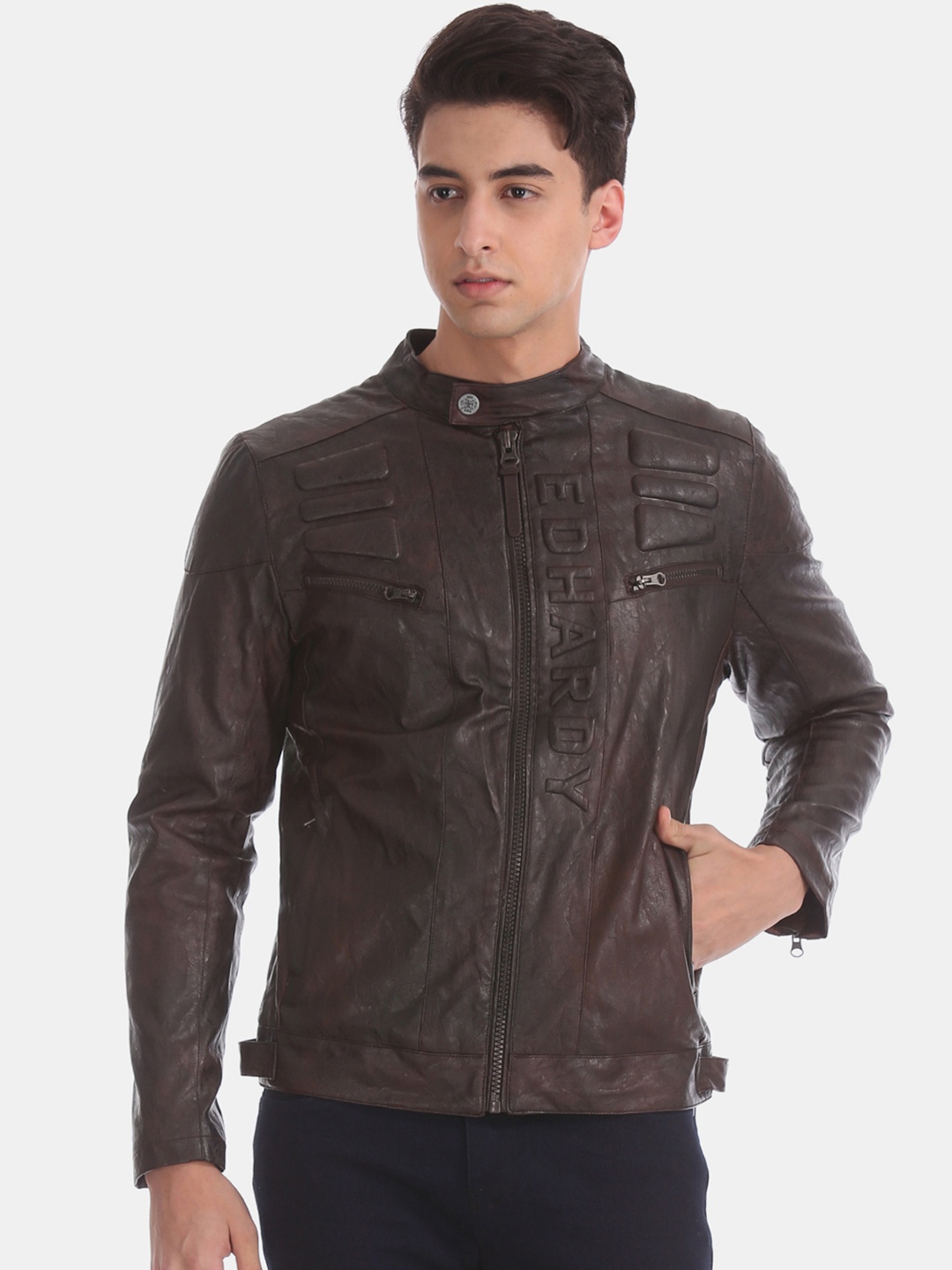 

Ed Hardy Men Brown Solid Biker Jacket