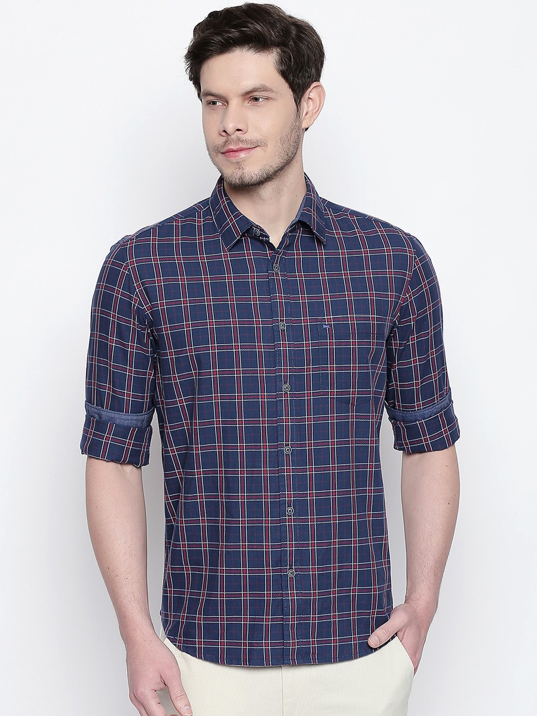

Basics Men Navy Blue Slim Fit Checked Casual Shirt
