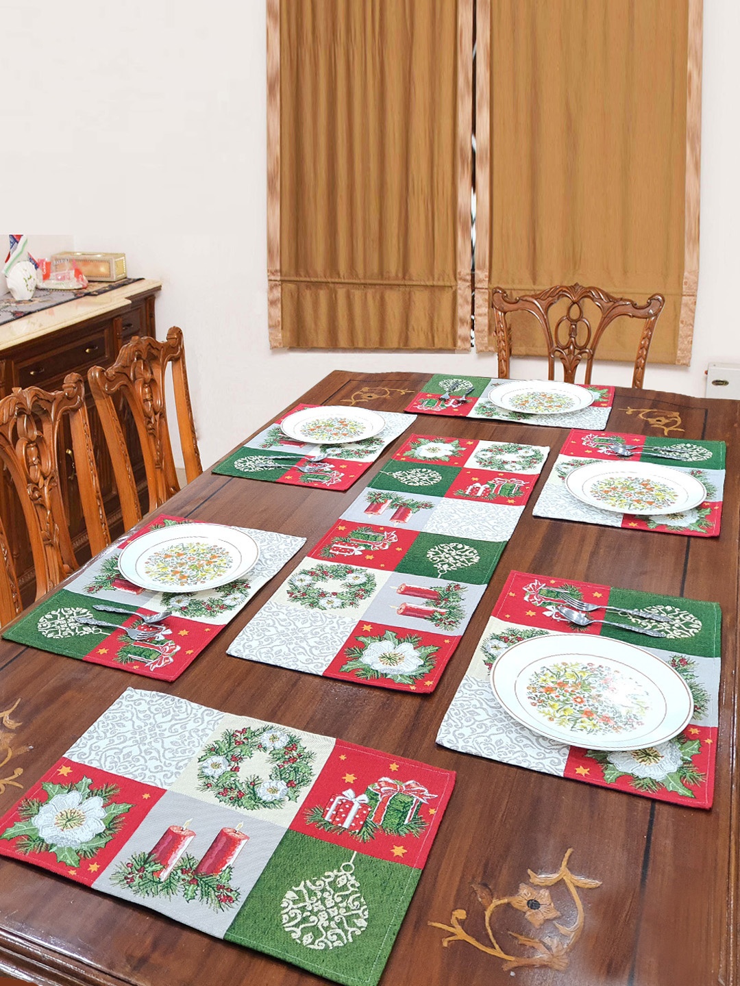 

Avira Home Set of 7 Red & Green Jaquard Woven Table Placemats