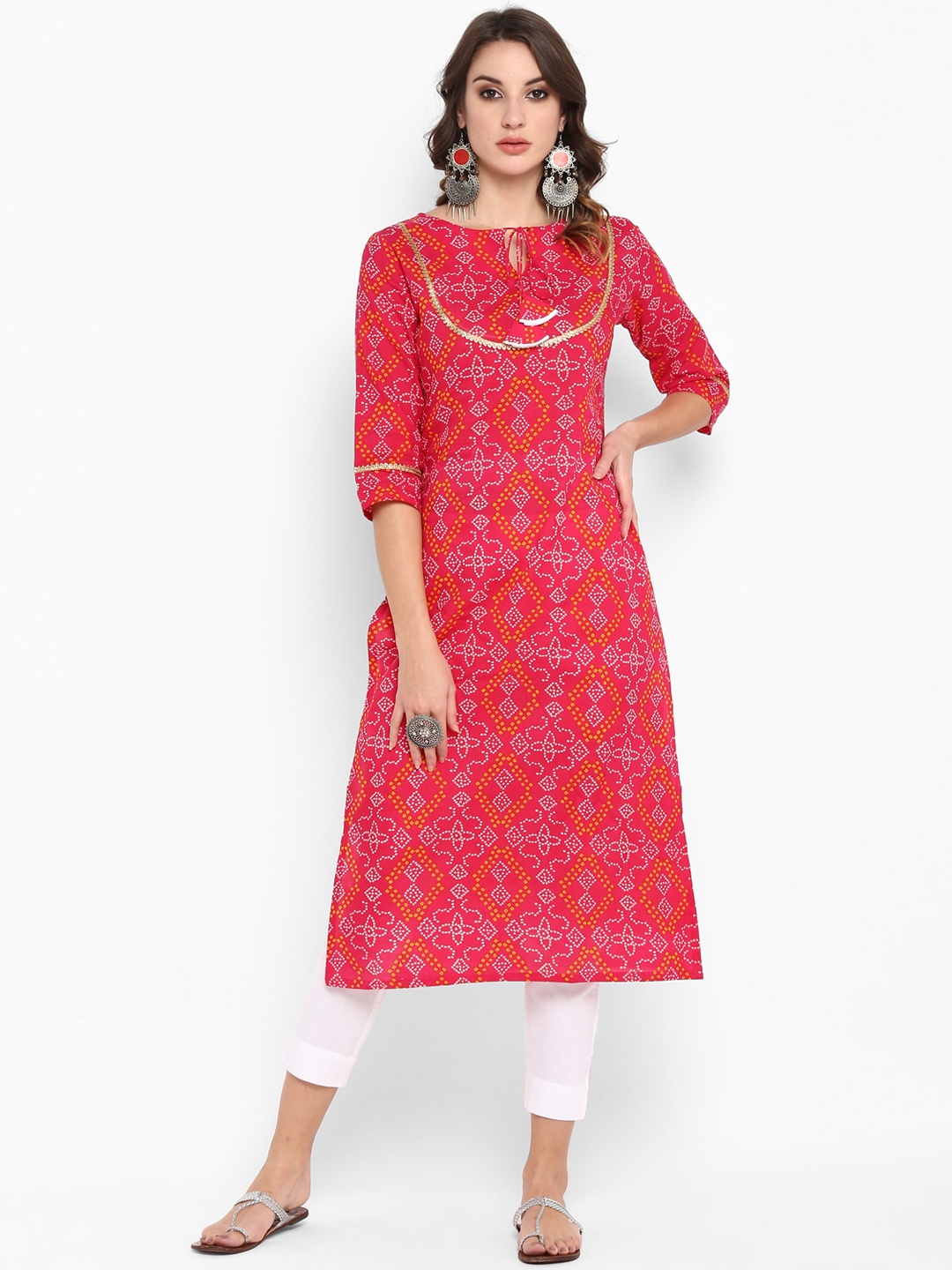 

Janasya Women Pink & White Printed Kurta with Trousers