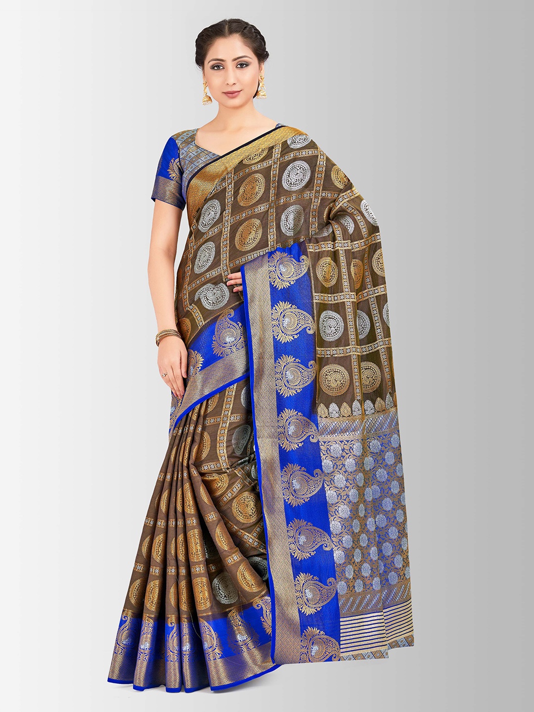 

MIMOSA Coffee Brown & Blue Art Silk Embellished Kanjeevaram Saree