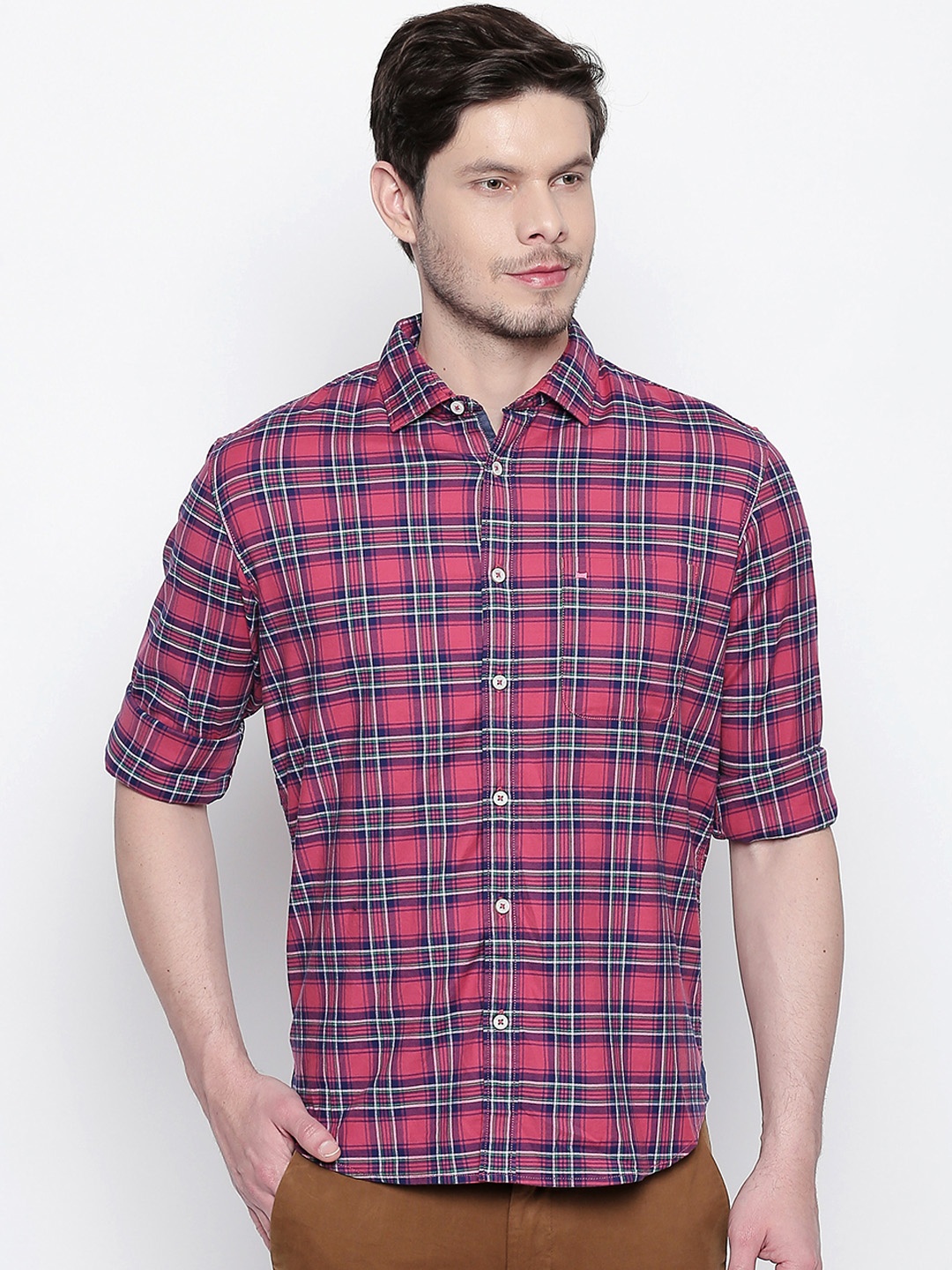 

Basics Men Pink & Navy Blue Slim Fit Checked Casual Shirt