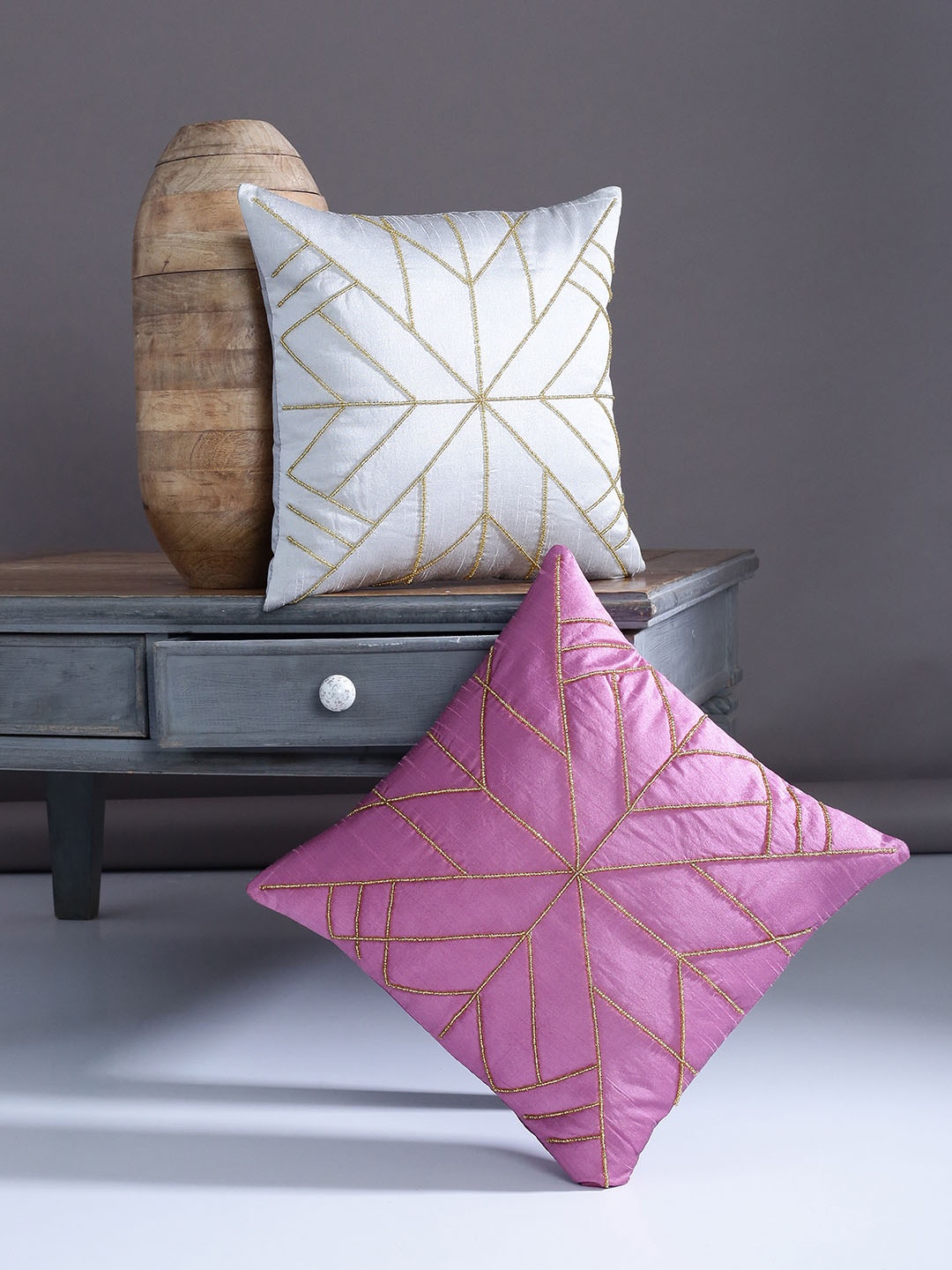 Alina decor Pink & Grey Set of 2 Embellished Square Cushion Covers