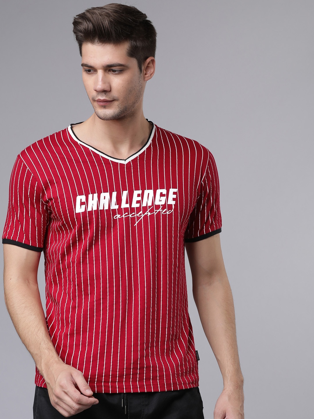 

LOCOMOTIVE Men Red Striped V-Neck T-shirt