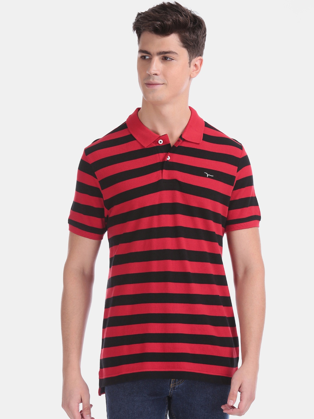 

Flying Machine Men Red Striped Polo Collar Pure Cotton T-shirt