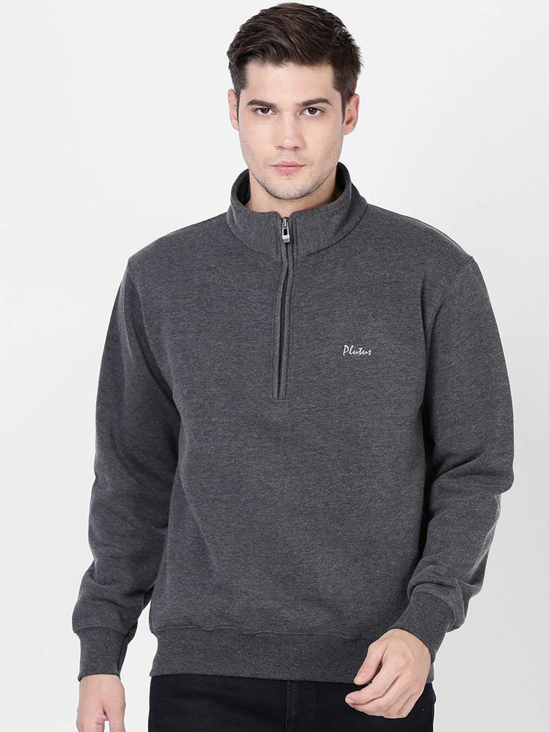 Plutus Men Charcoal Solid Sweatshirt