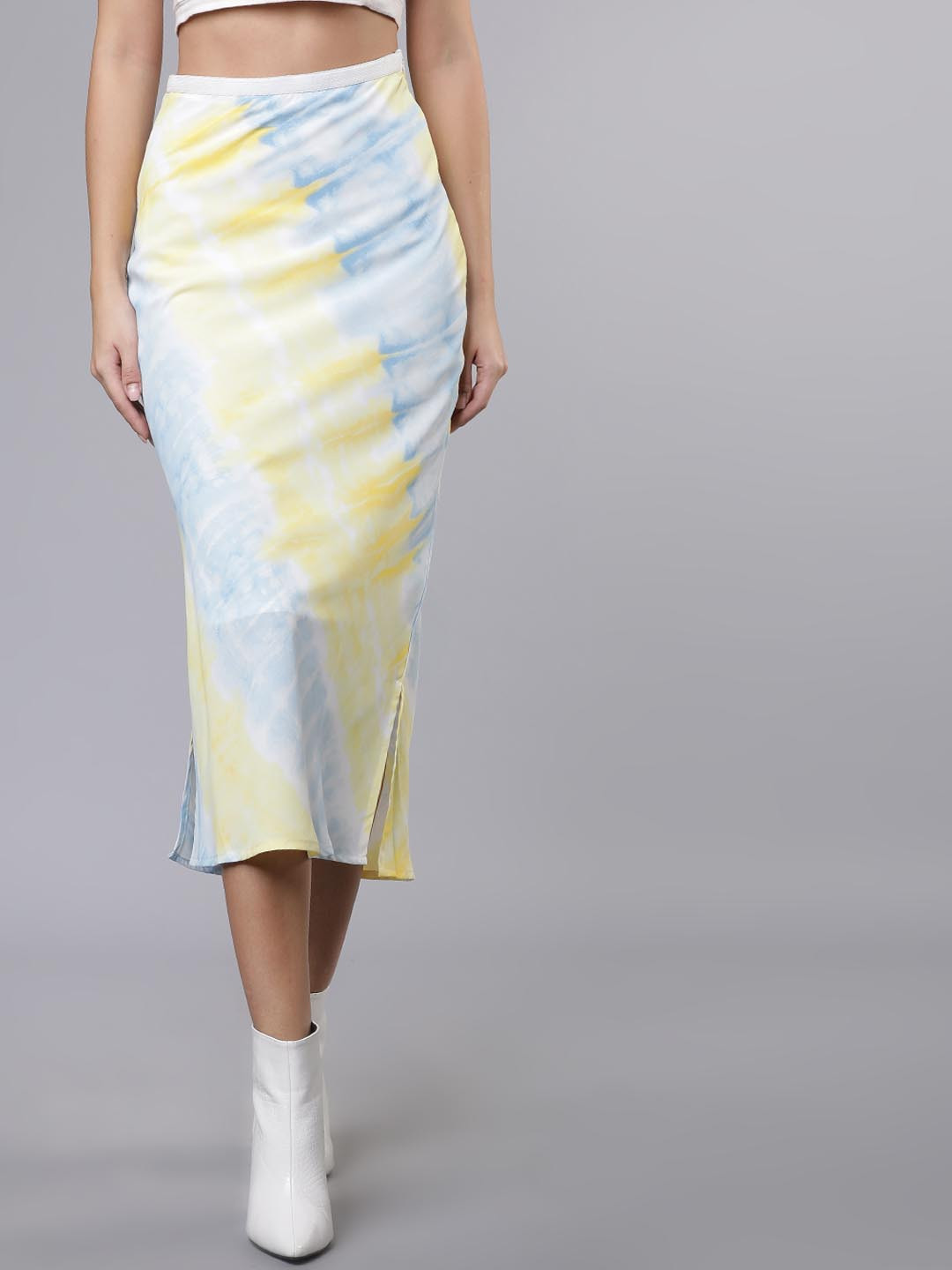

Tokyo Talkies Women Blue & Yellow Tie-And-Dye Pencil Skirt