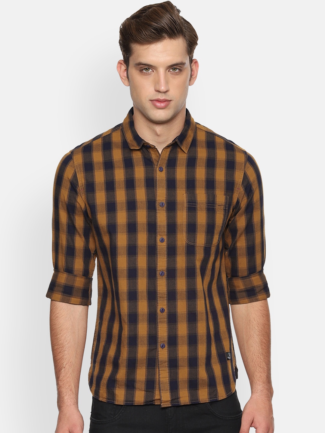 

People Men Mustard Orange & Black Regular Fit Checked Casual Shirt